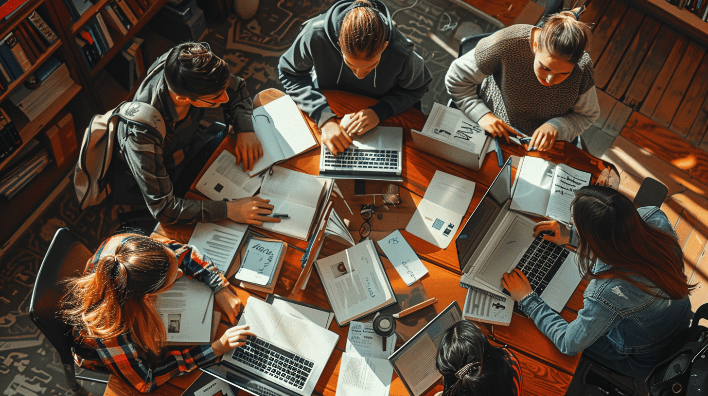 Students focused on online language courses on library laptops.